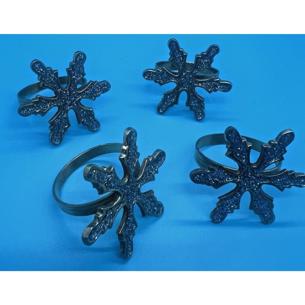 4 Christmas Napkin Rings Snowflake Gold Glitter Metal Holders table decor set
